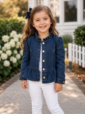 Jack Denim Girls 3-4 Ruffle Peplum Jean Jacket Gold Buttons